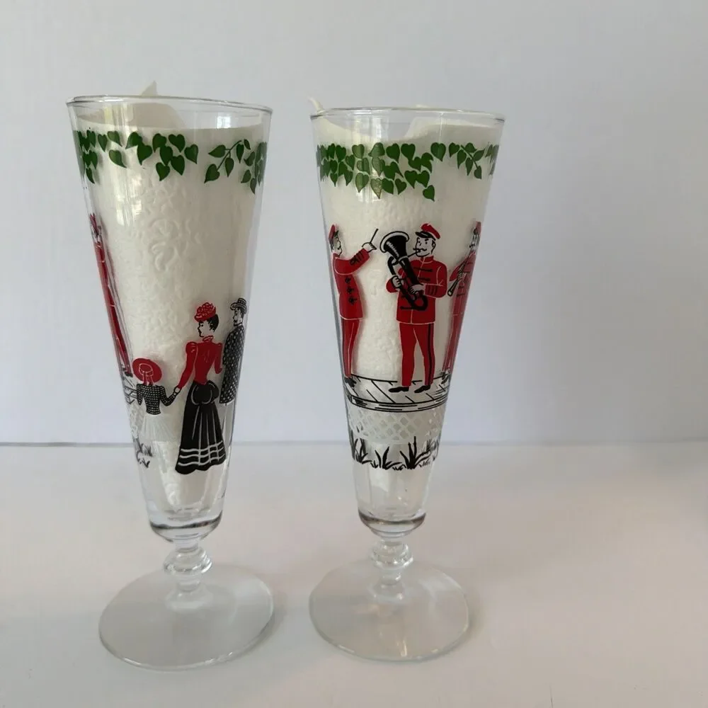 Vintage Pilsner Beer Glasses Pair Footed Barware Musicians Victorian Pub Tavern